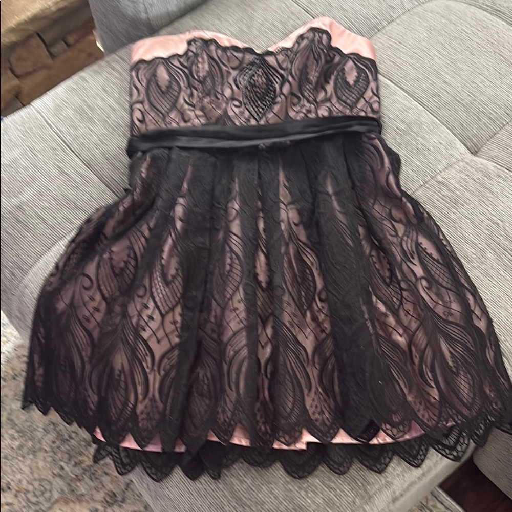 bebe Strapless Black Lace Overlay Pink Dress